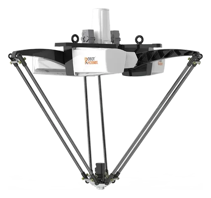 3本の細いアームが下方の1点に集まる、パラレルリンク（Delta）ロボット